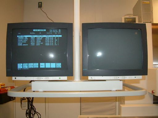 Siemens vascular room with dual Siemens brand CRTs before Modalixx upgrade (CRT model # Simomed #3792087X2080) in ceiling suspension tray for dual displays
